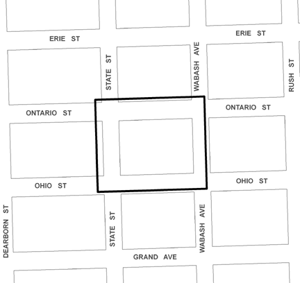 Ohio/Wabash TIF district map, roughly bounded on the north by Ontario Street, Ohio Street on the south, Wabash Avenue on the east, and State Street on the west.